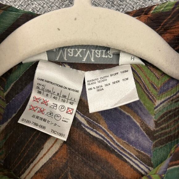 EUC Max Mara 100% Silk Sheer Button-Up Blouse Chevron Green Brown Purple Size 8 - Picture 6 of 9